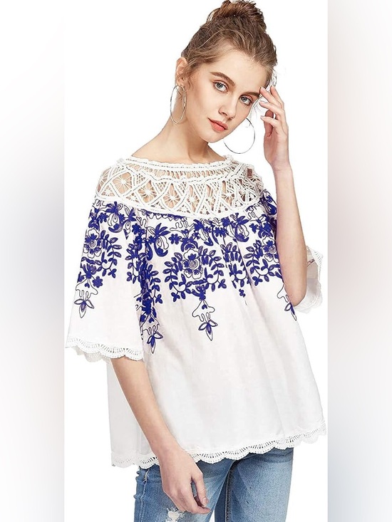 Tops - White Crochet Yoke Peasant Top with Blue Floral Embroidery - Sz. M - NWOT